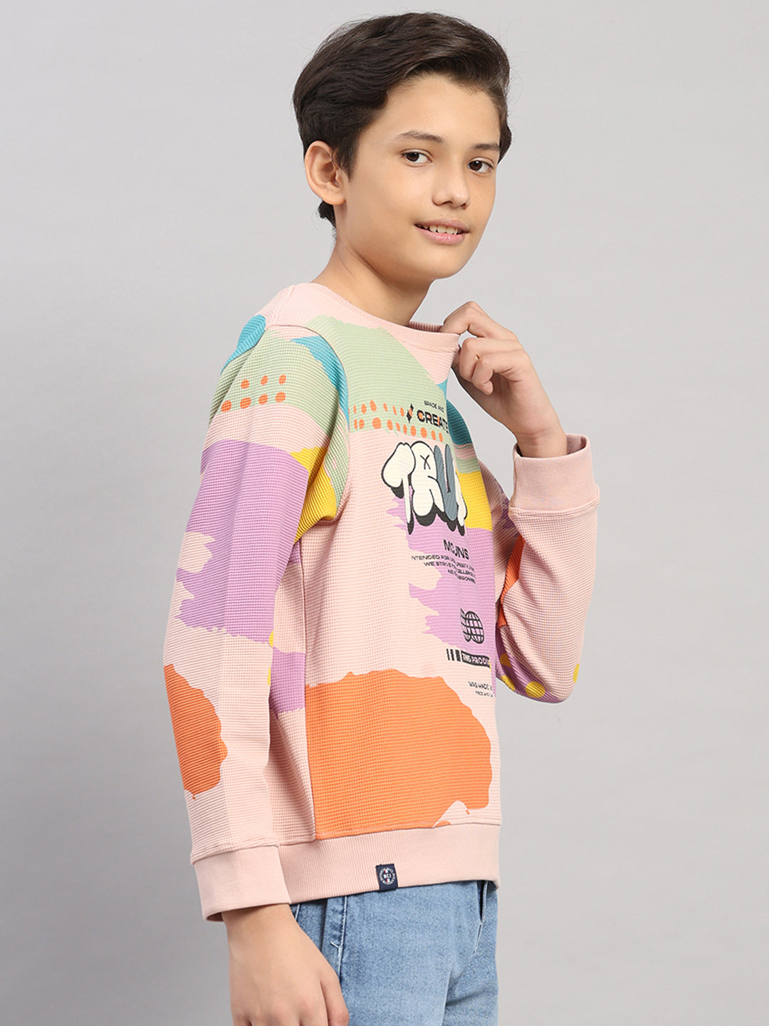 Boys Pink Printed Round Neck Full Sleeve Sweatshirt