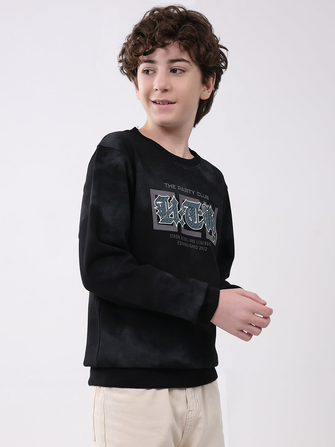 Boys Black Printed Round Neck Full Sleeve Sweatshirt