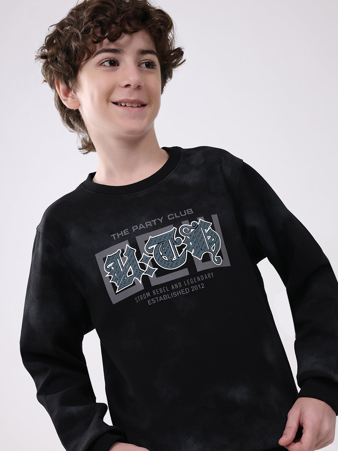 Boys Black Printed Round Neck Full Sleeve Sweatshirt