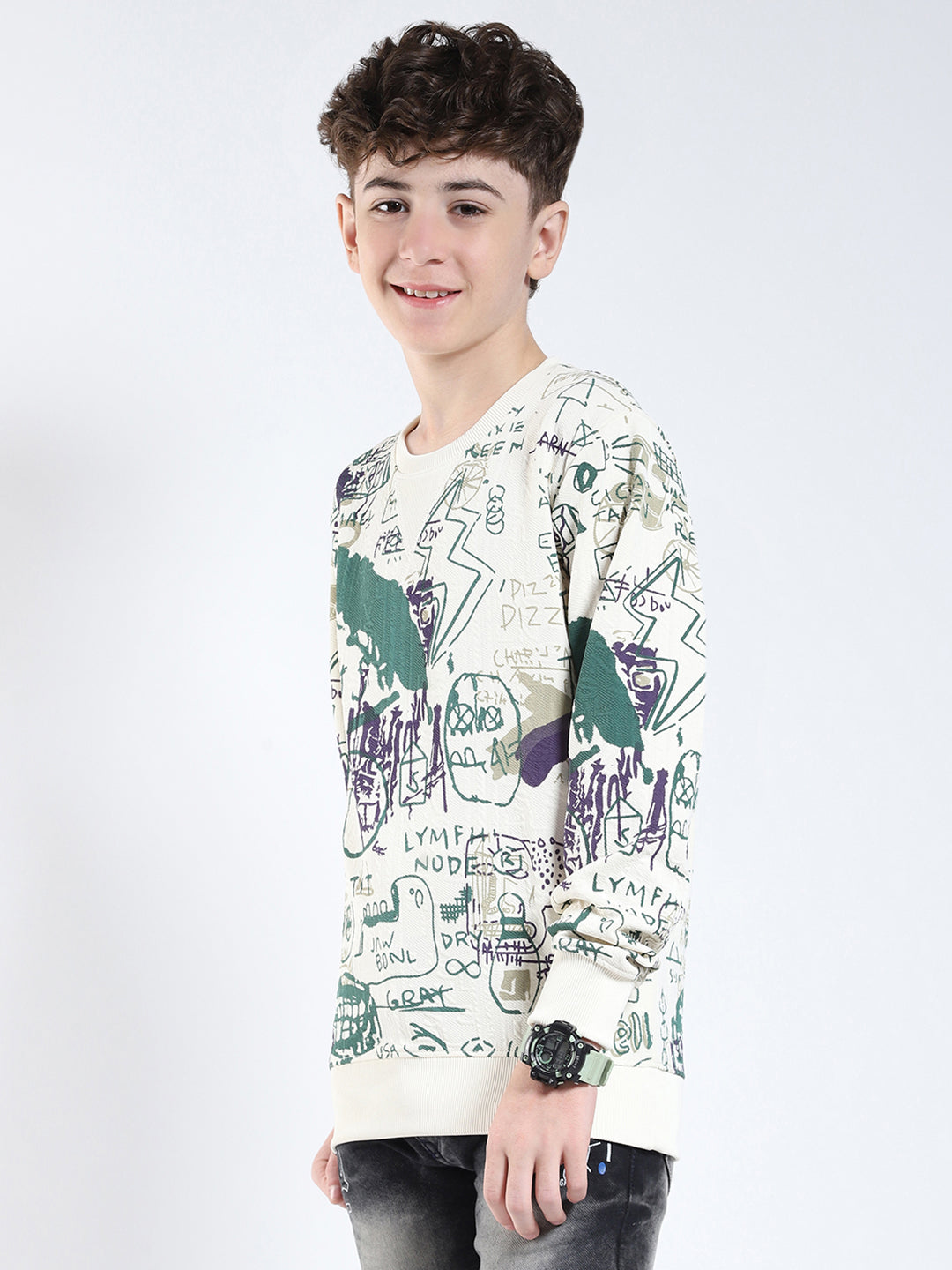 Boys Green Printed Round Neck Full Sleeve Sweatshirt