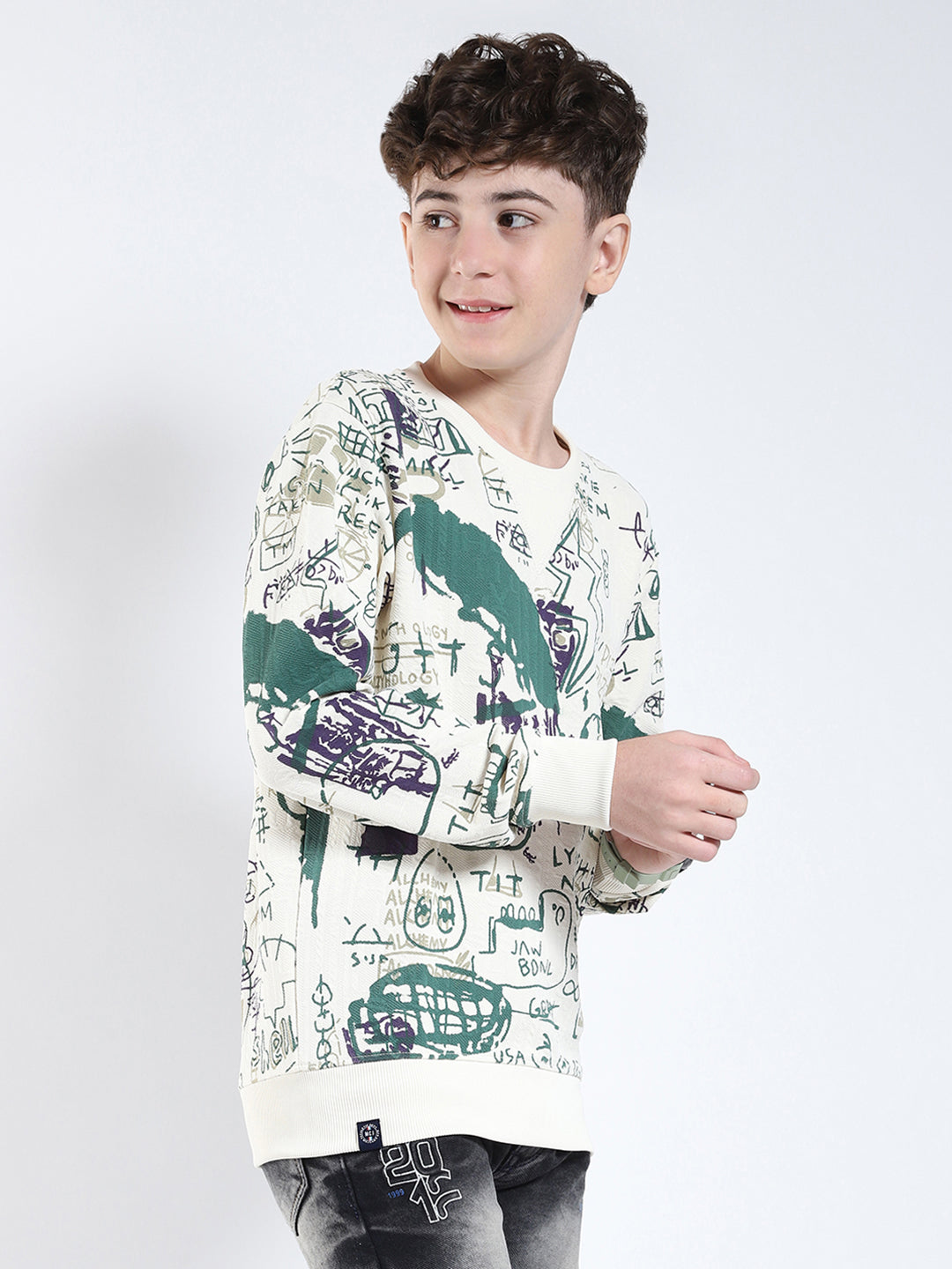 Boys Green Printed Round Neck Full Sleeve Sweatshirt