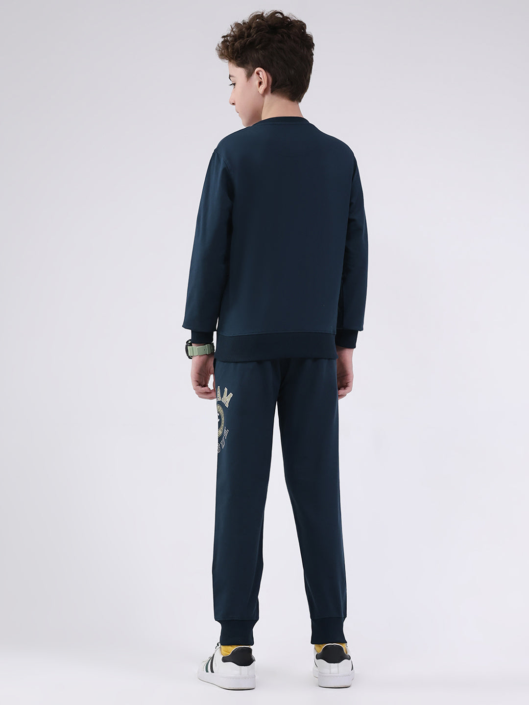 Boys Teal Blue Printed Round Neck Full Sleeve Cords Set