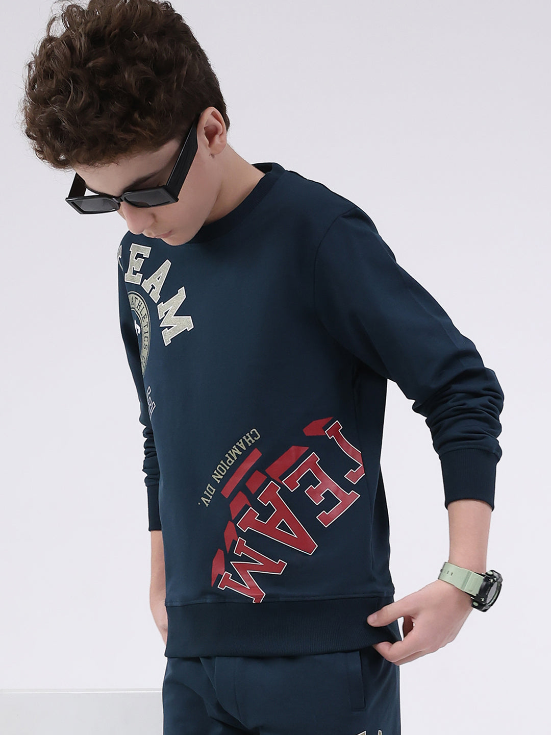 Boys Teal Blue Printed Round Neck Full Sleeve Cords Set