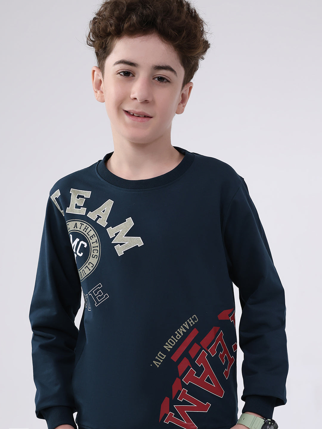 Boys Teal Blue Printed Round Neck Full Sleeve Cords Set