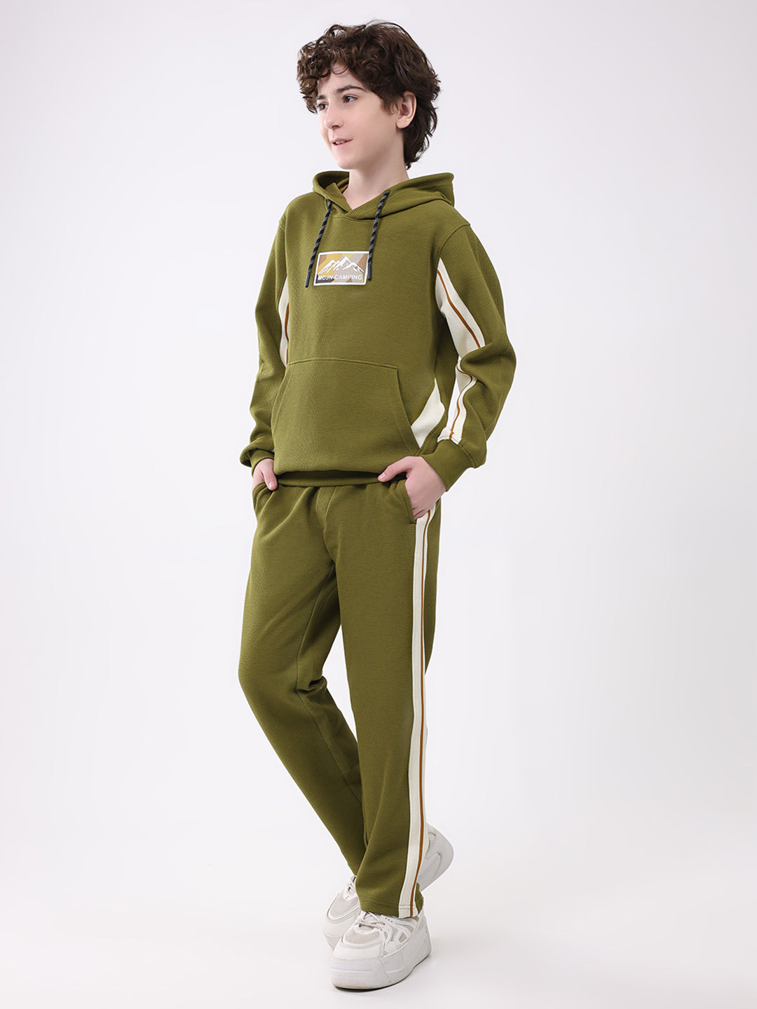 Boys Green Self Design Hooded Full Sleeve Cords Set