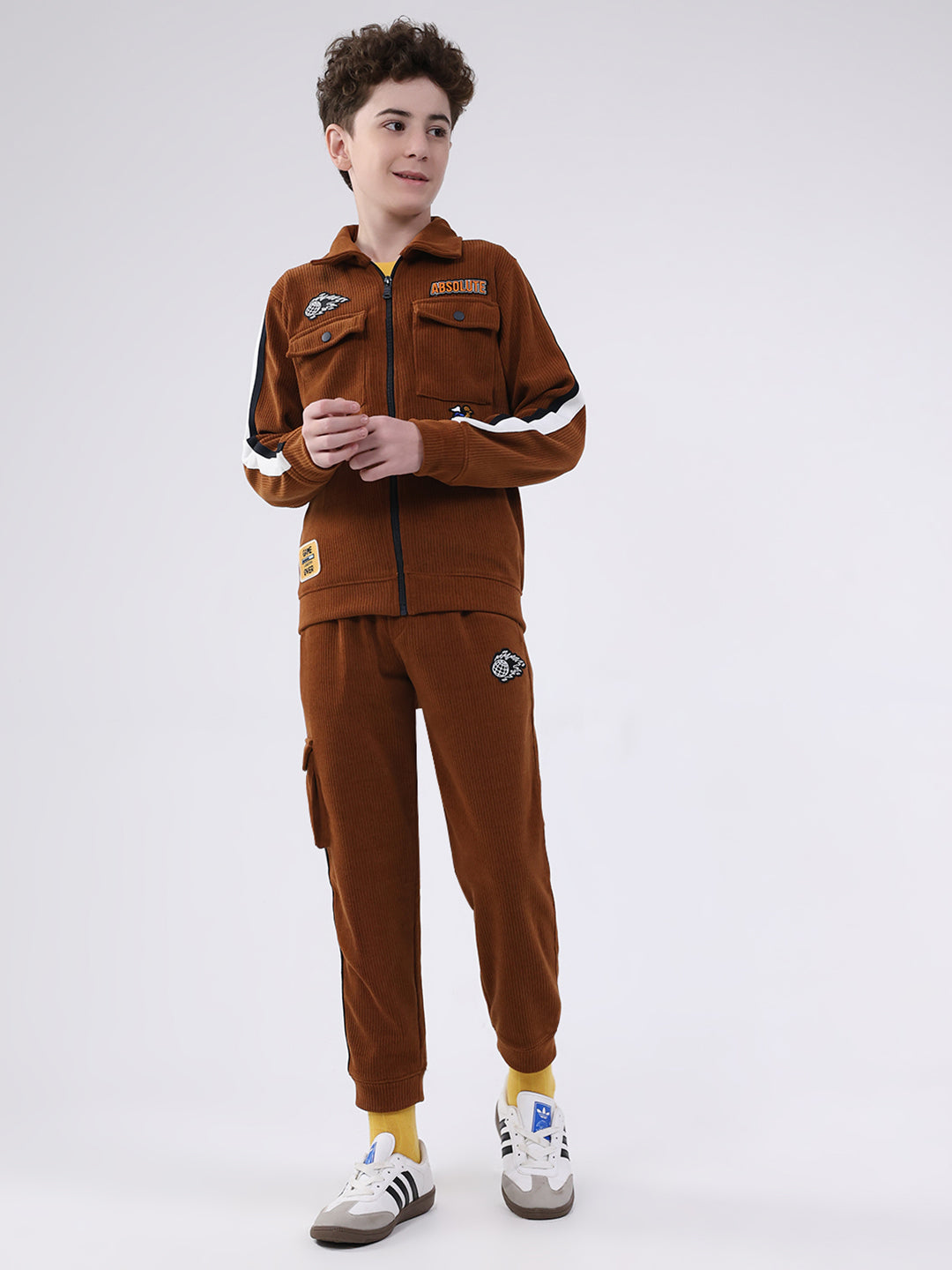 Boys Brown Self Design Collar Full Sleeve Cords Set