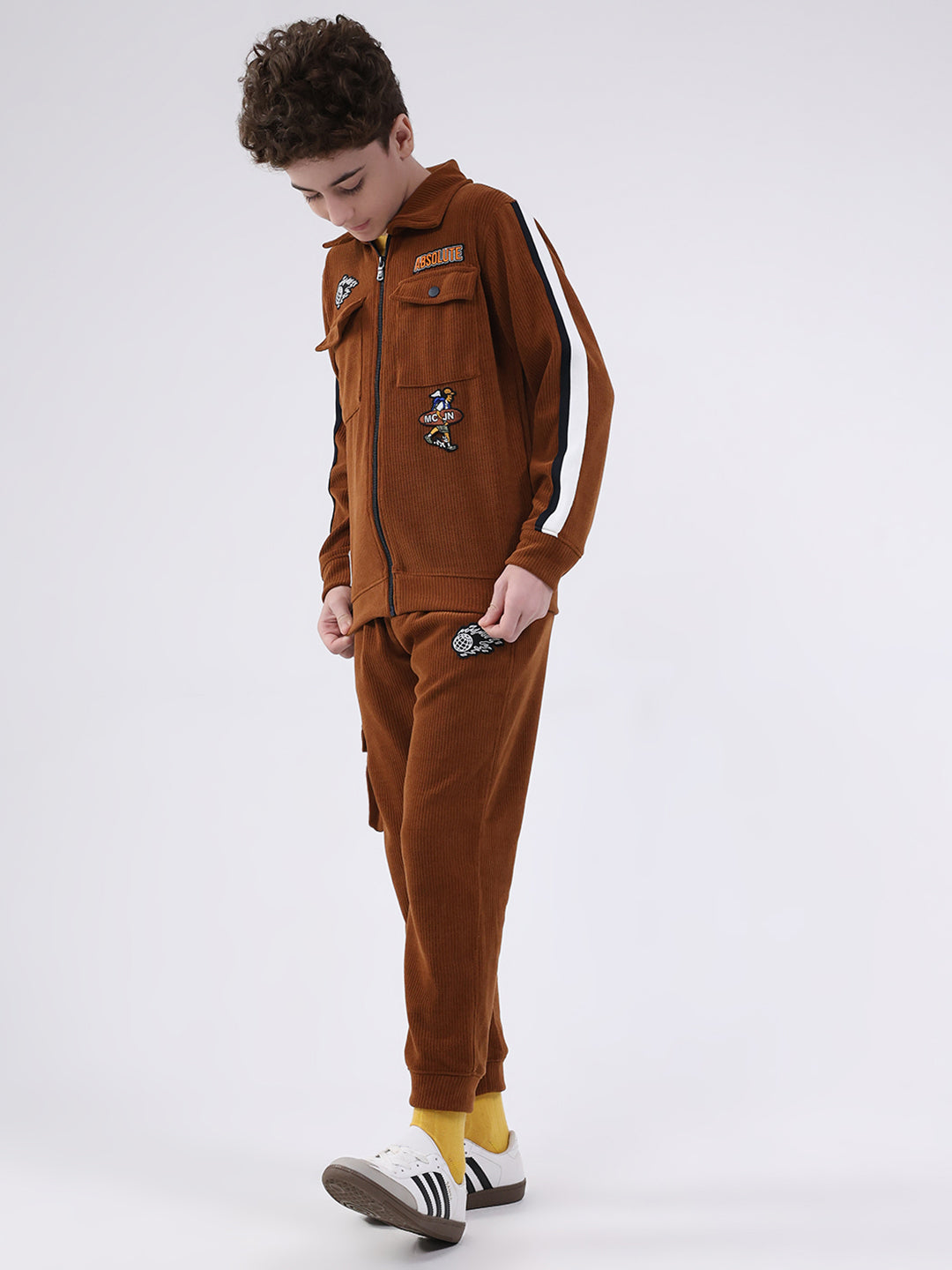 Boys Brown Self Design Collar Full Sleeve Cords Set