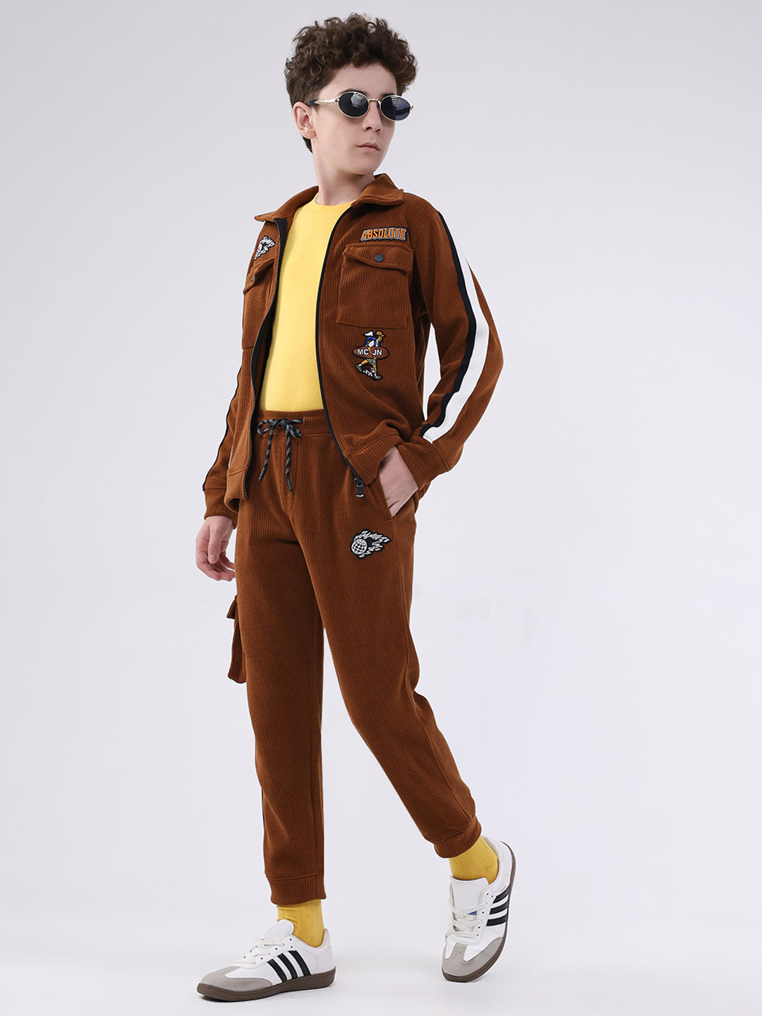 Boys Brown Self Design Collar Full Sleeve Cords Set