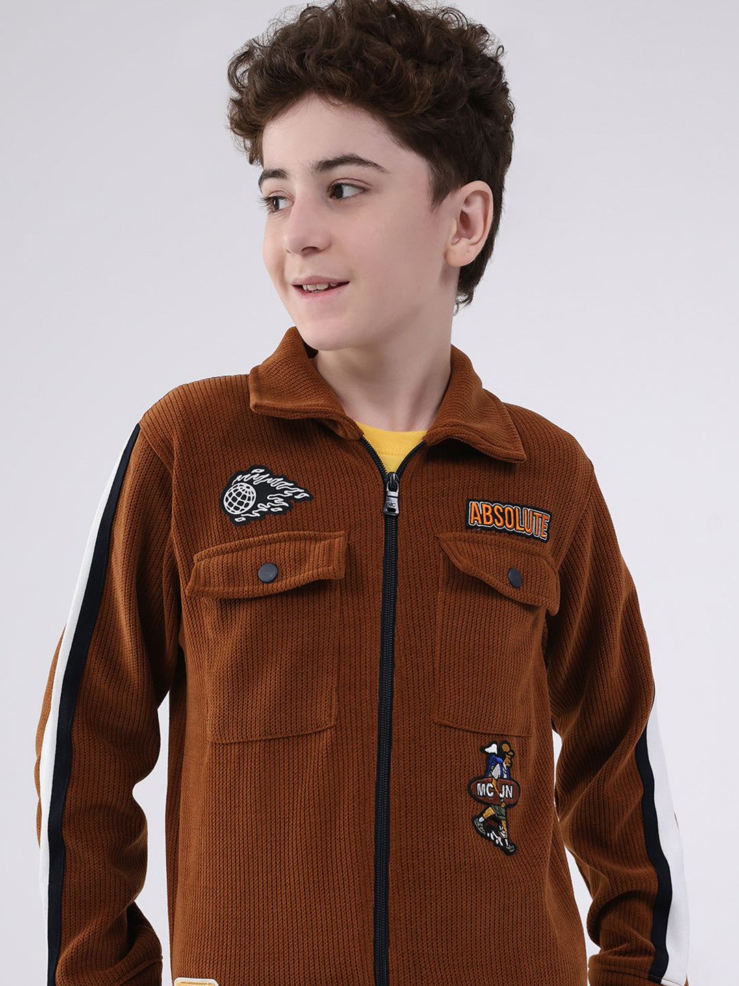 Boys Brown Self Design Collar Full Sleeve Cords Set