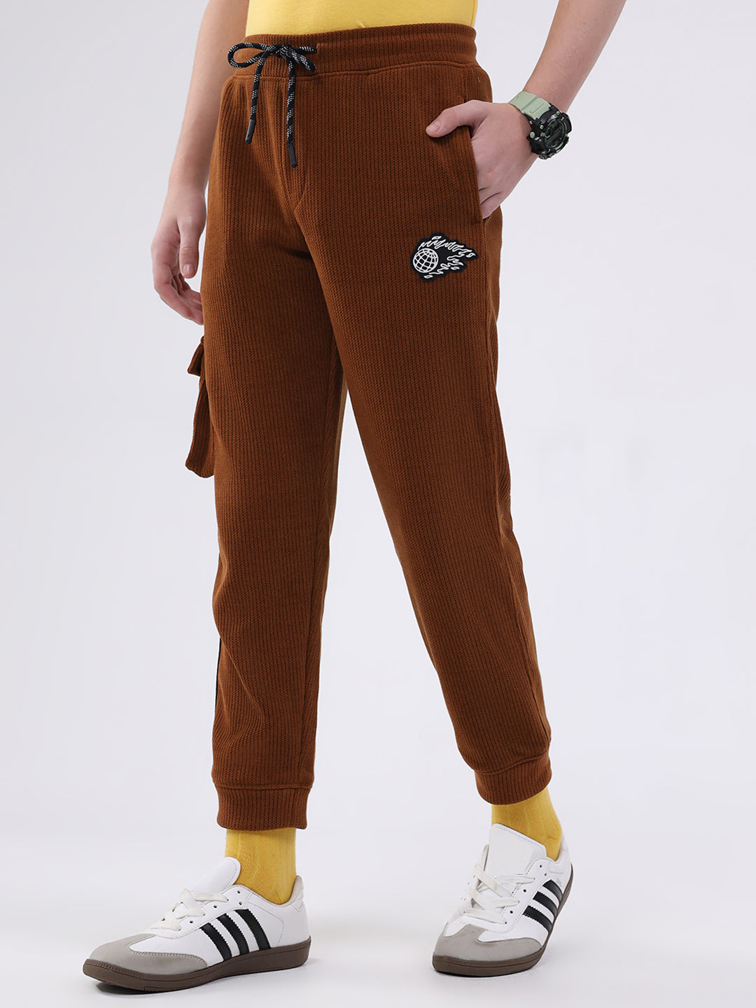 Boys Brown Self Design Collar Full Sleeve Cords Set