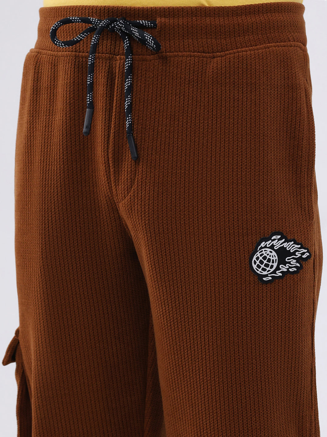 Boys Brown Self Design Collar Full Sleeve Cords Set