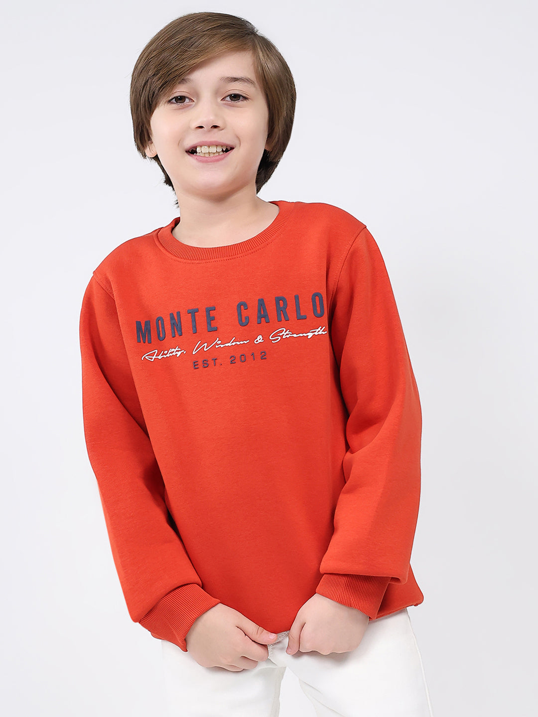 Boys Rust Printed Round Neck Full Sleeve Sweatshirt