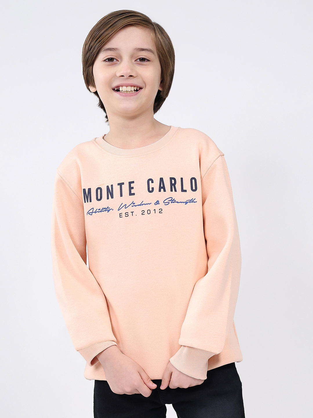 Boys Peach Printed Round Neck Full Sleeve Sweatshirt
