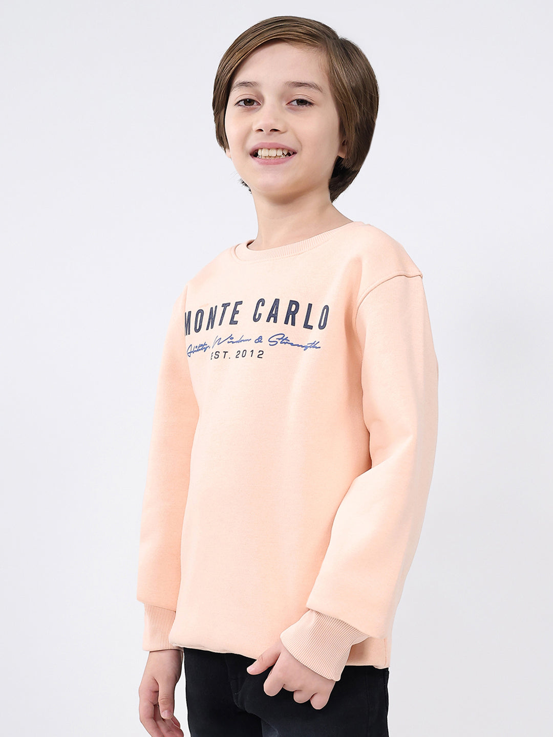 Boys Peach Printed Round Neck Full Sleeve Sweatshirt