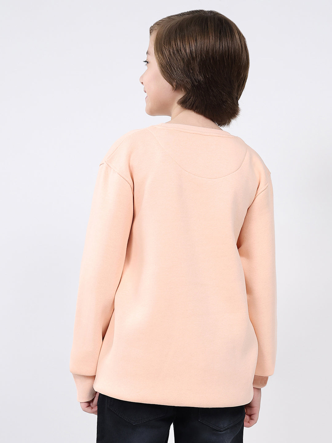 Boys Peach Printed Round Neck Full Sleeve Sweatshirt