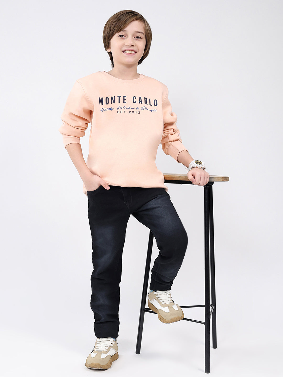 Boys Peach Printed Round Neck Full Sleeve Sweatshirt