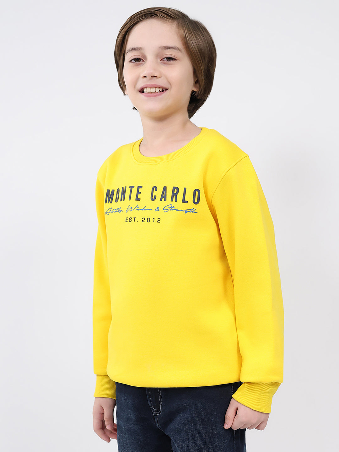 Boys Yellow Printed Round Neck Full Sleeve Sweatshirt