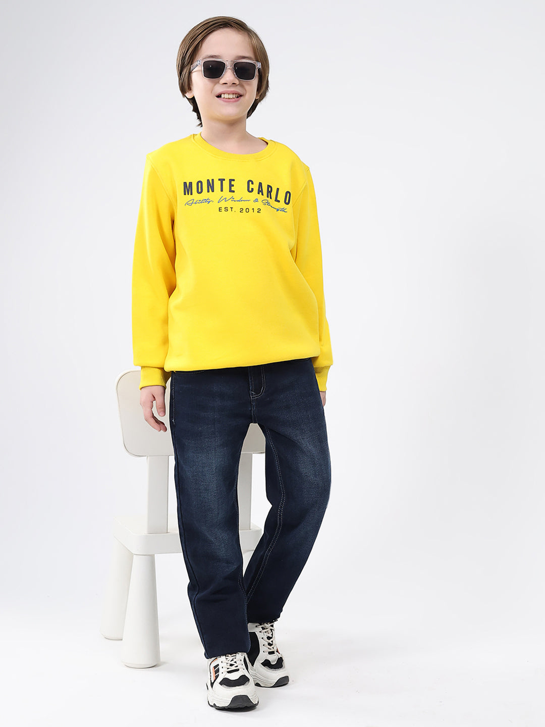 Boys Yellow Printed Round Neck Full Sleeve Sweatshirt