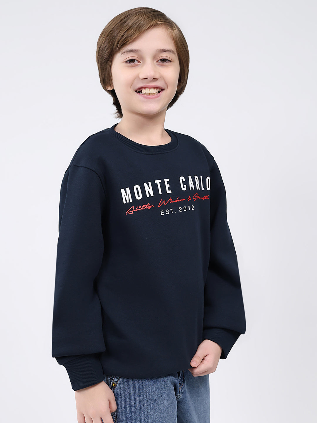Boys Navy Blue Printed Round Neck Full Sleeve Sweatshirt
