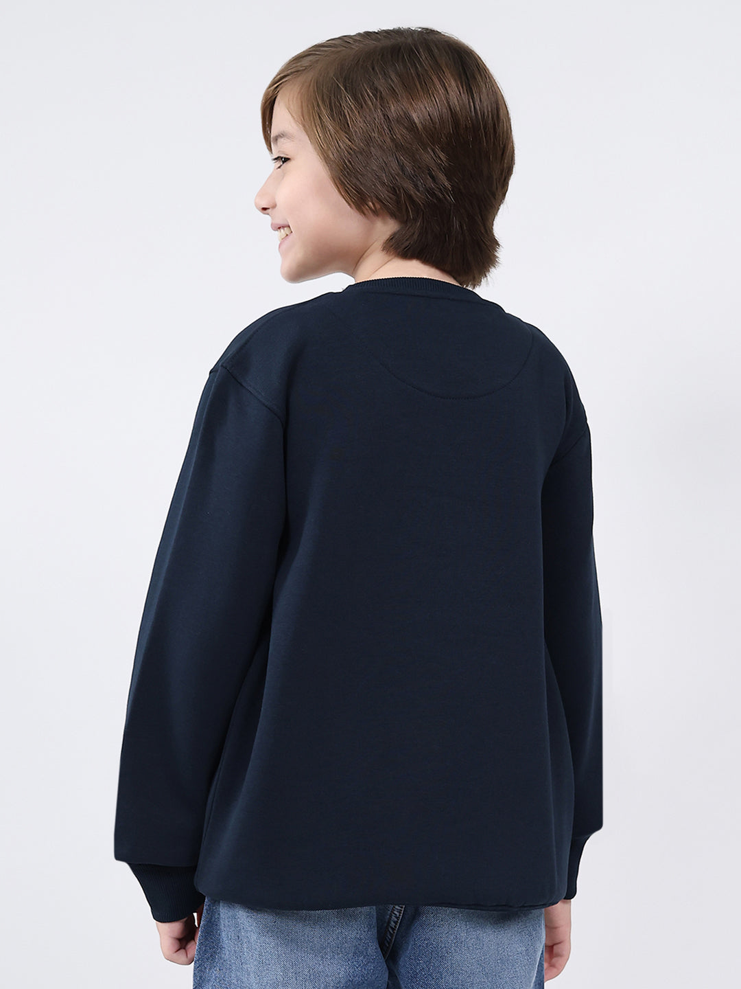 Boys Navy Blue Printed Round Neck Full Sleeve Sweatshirt
