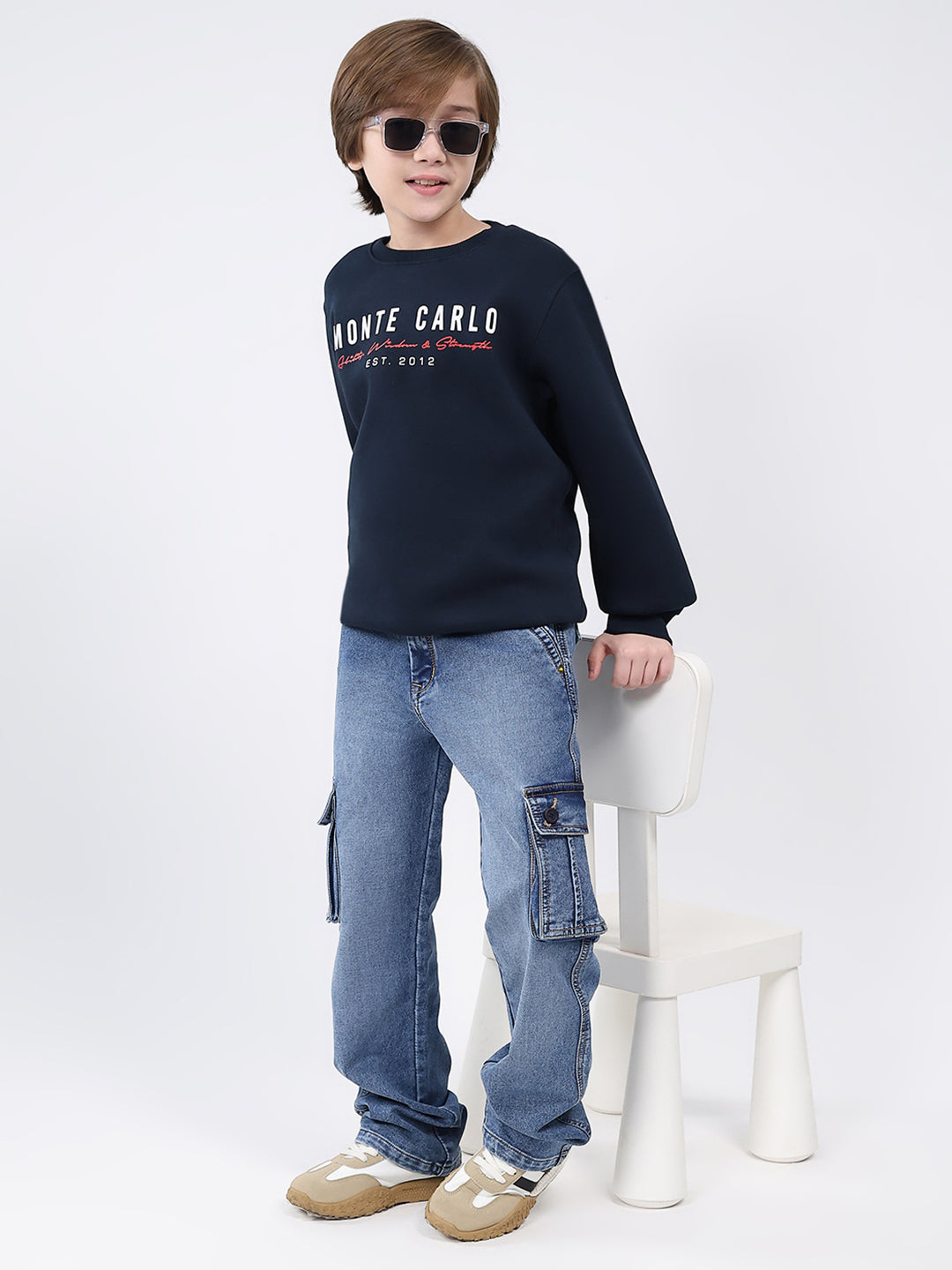 Boys Navy Blue Printed Round Neck Full Sleeve Sweatshirt