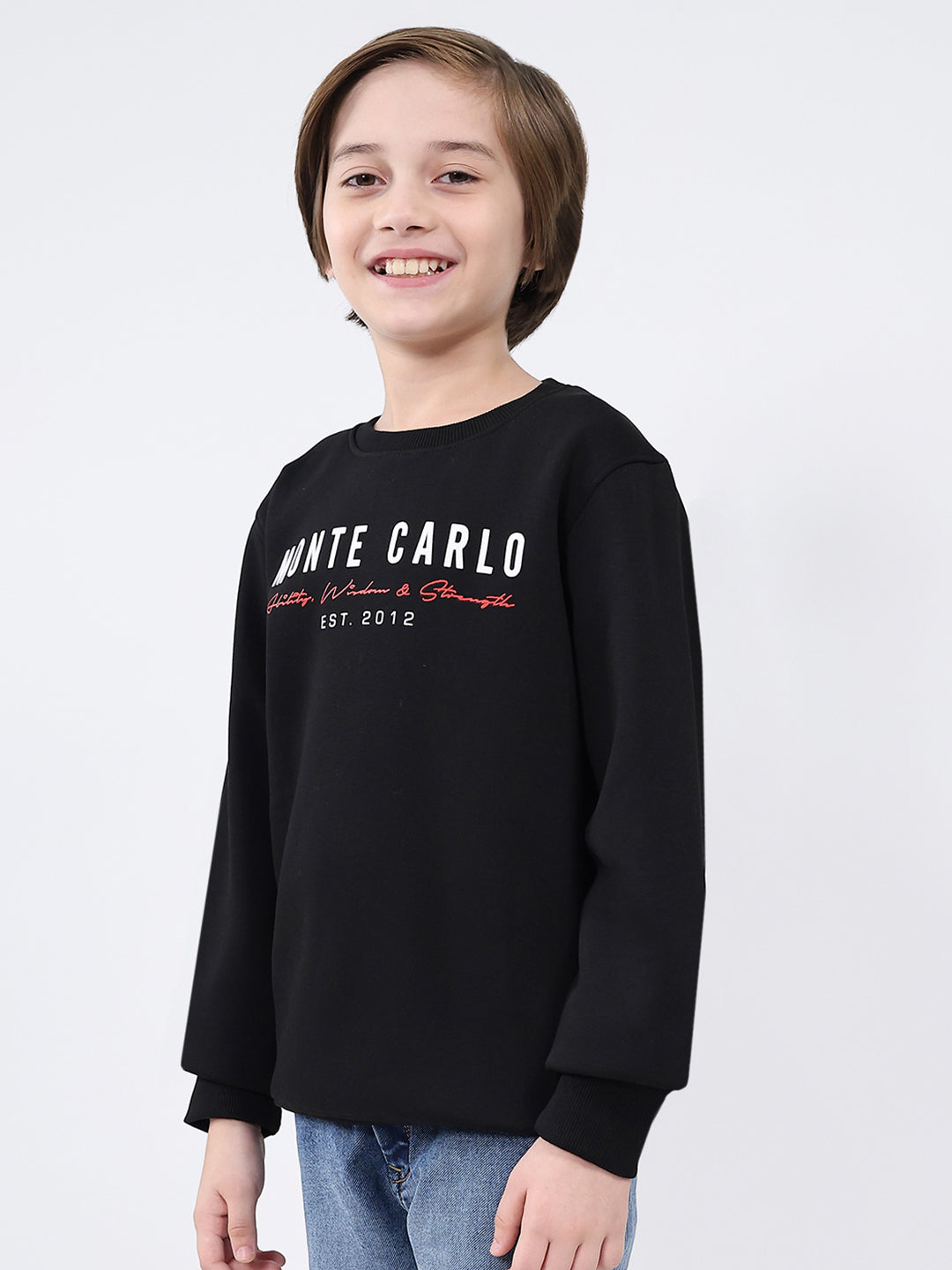 Boys Black Printed Round Neck Full Sleeve Sweatshirt