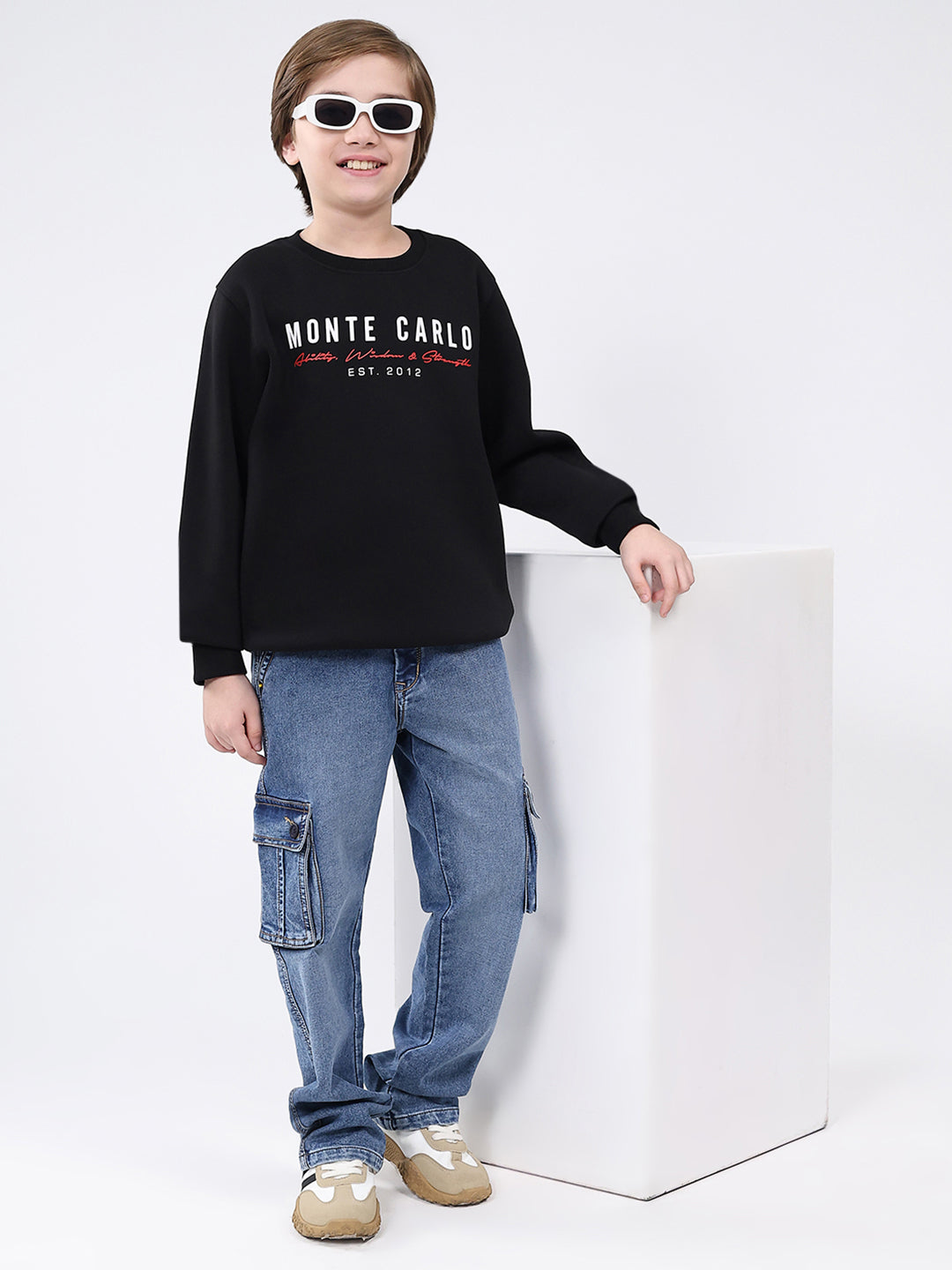 Boys Black Printed Round Neck Full Sleeve Sweatshirt