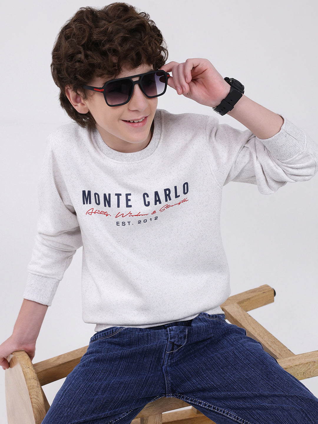 Boys Grey Printed Round Neck Full Sleeve Sweatshirt