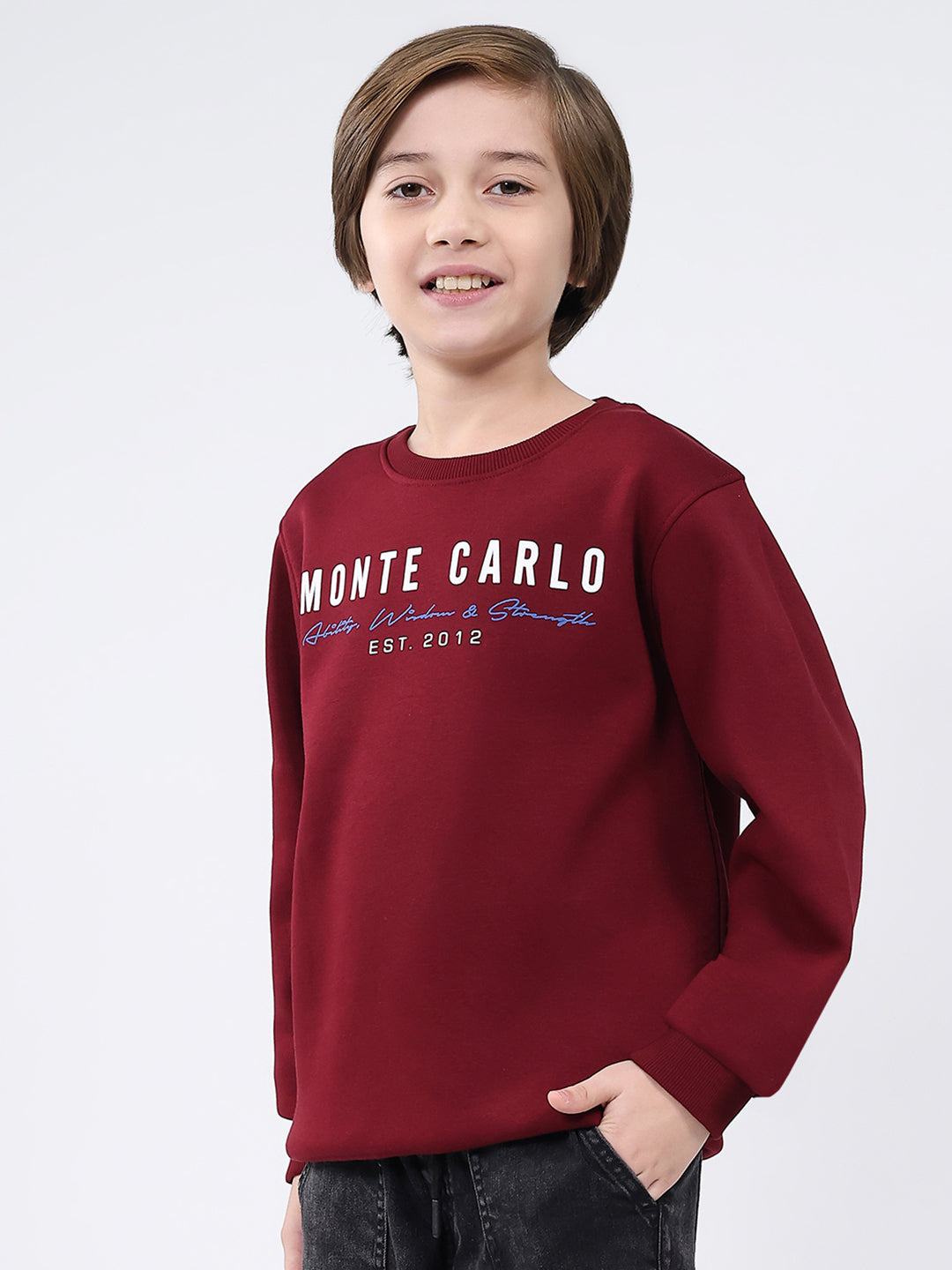 Boys Maroon Printed Round Neck Full Sleeve Sweatshirt