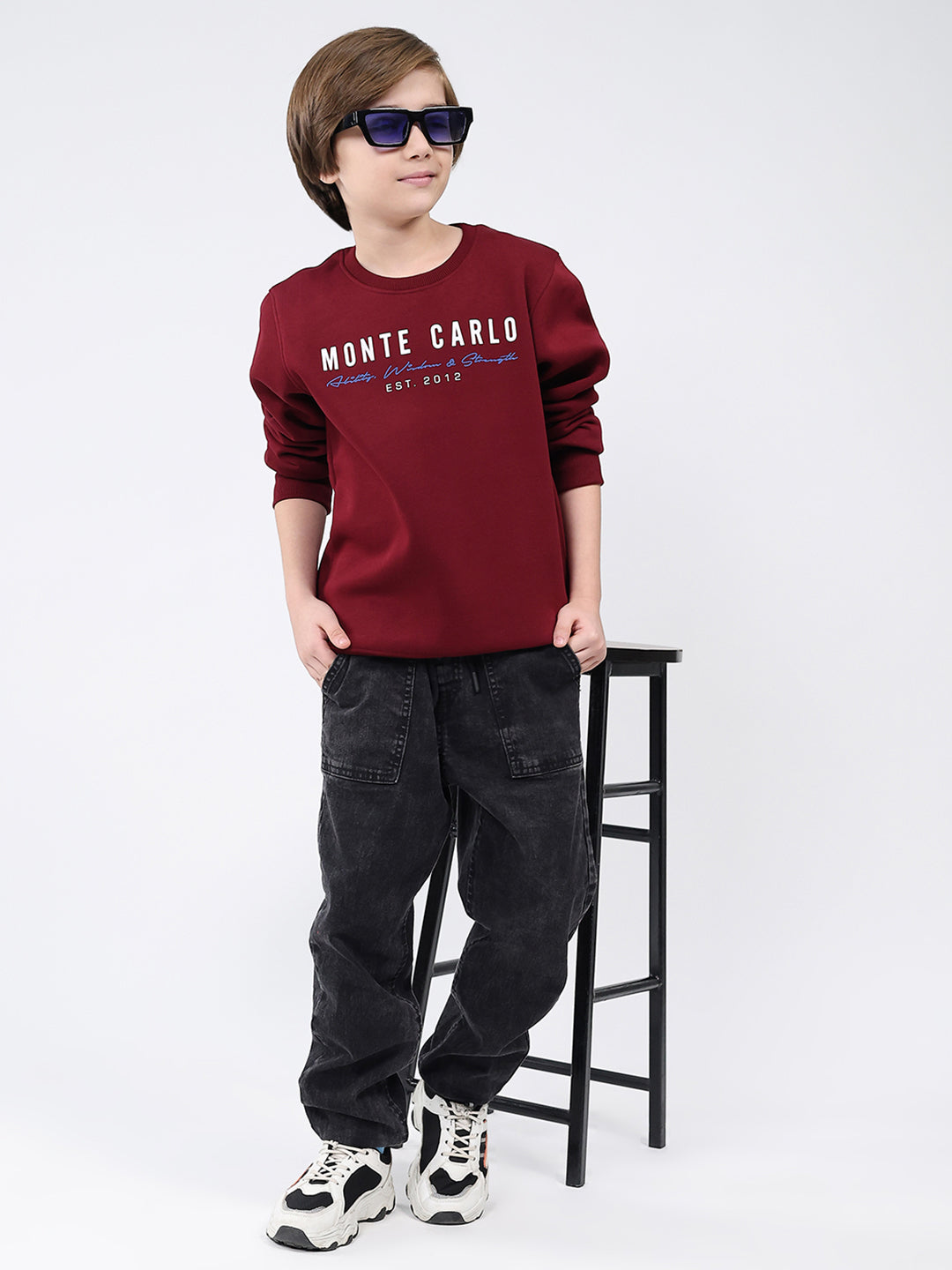 Boys Maroon Printed Round Neck Full Sleeve Sweatshirt