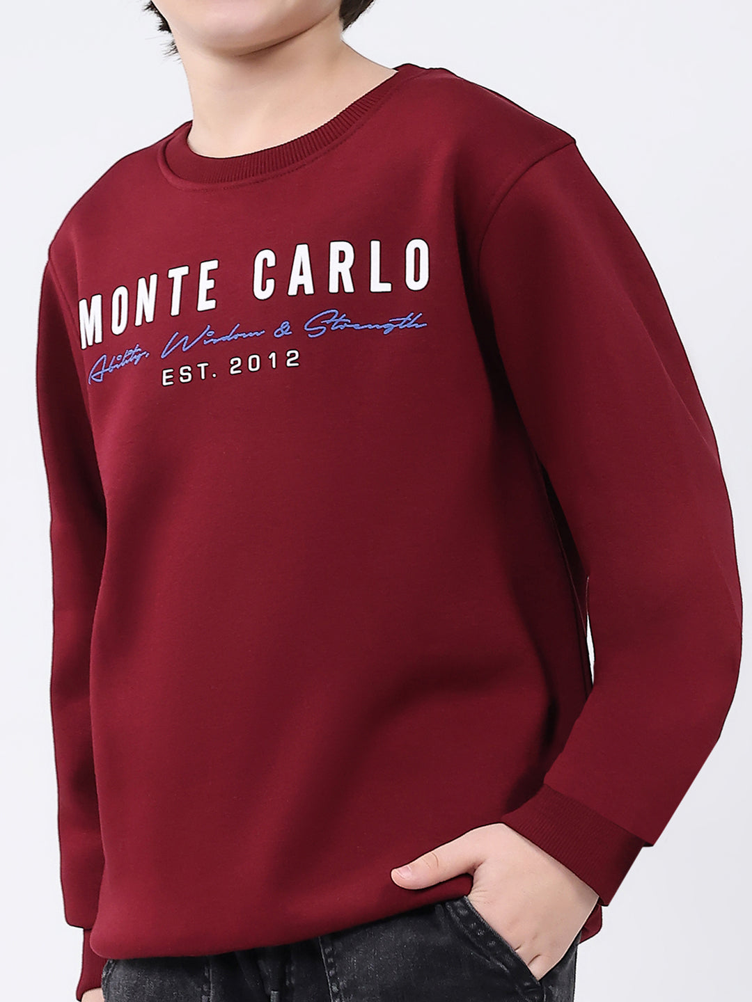 Boys Maroon Printed Round Neck Full Sleeve Sweatshirt