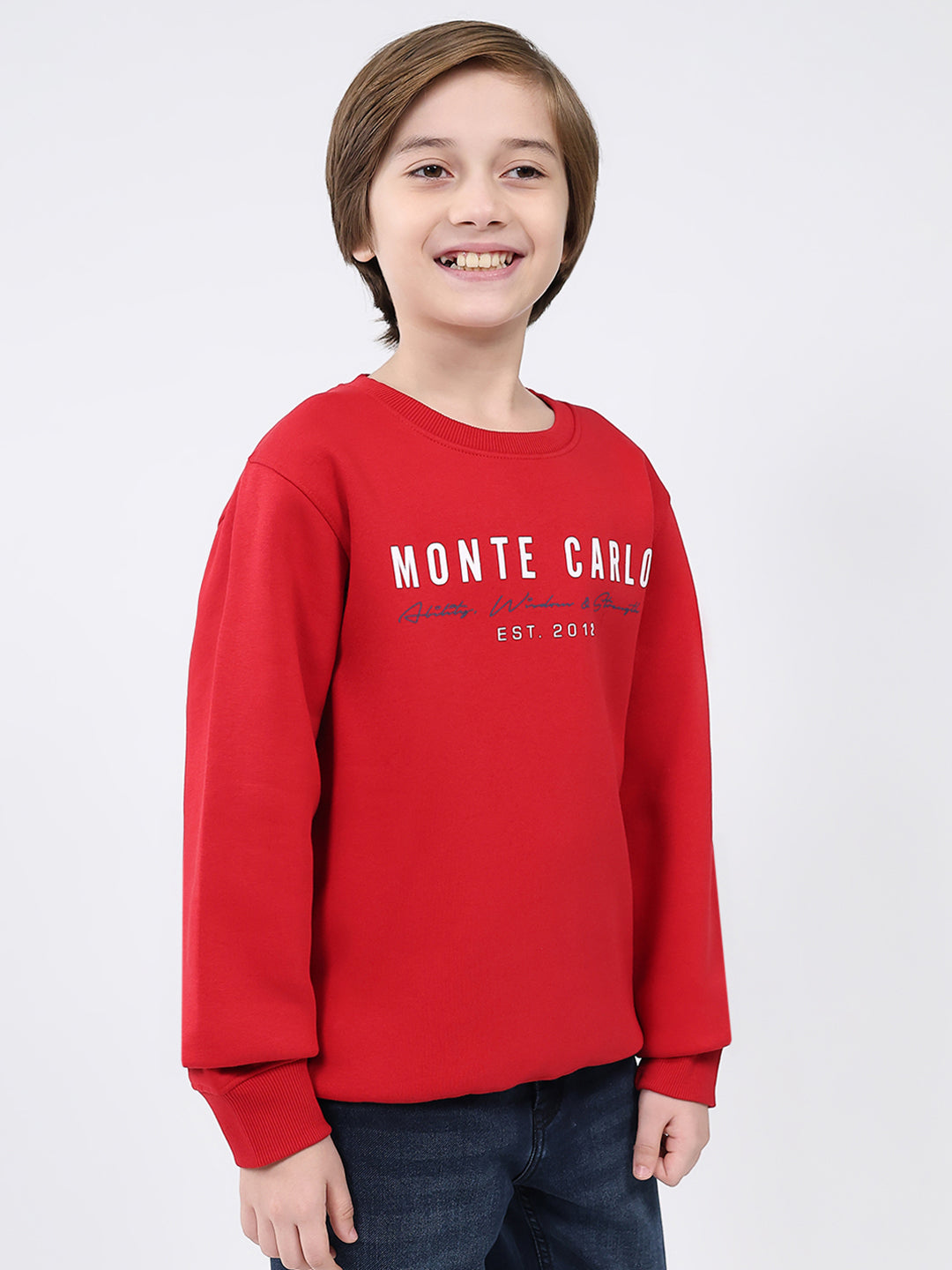 Boys Red Printed Round Neck Full Sleeve Sweatshirt
