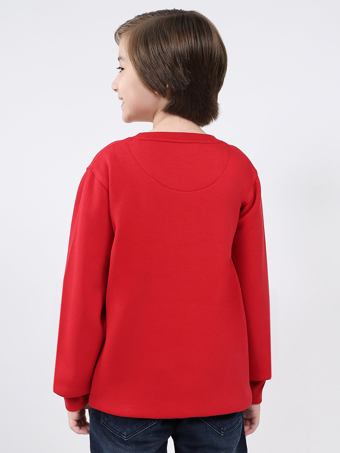 Boys Red Printed Round Neck Full Sleeve Sweatshirt