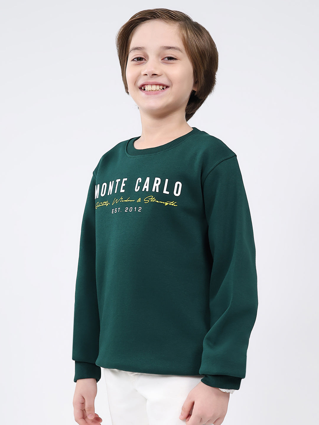 Boys Bottle Green Printed Round Neck Full Sleeve Sweatshirt