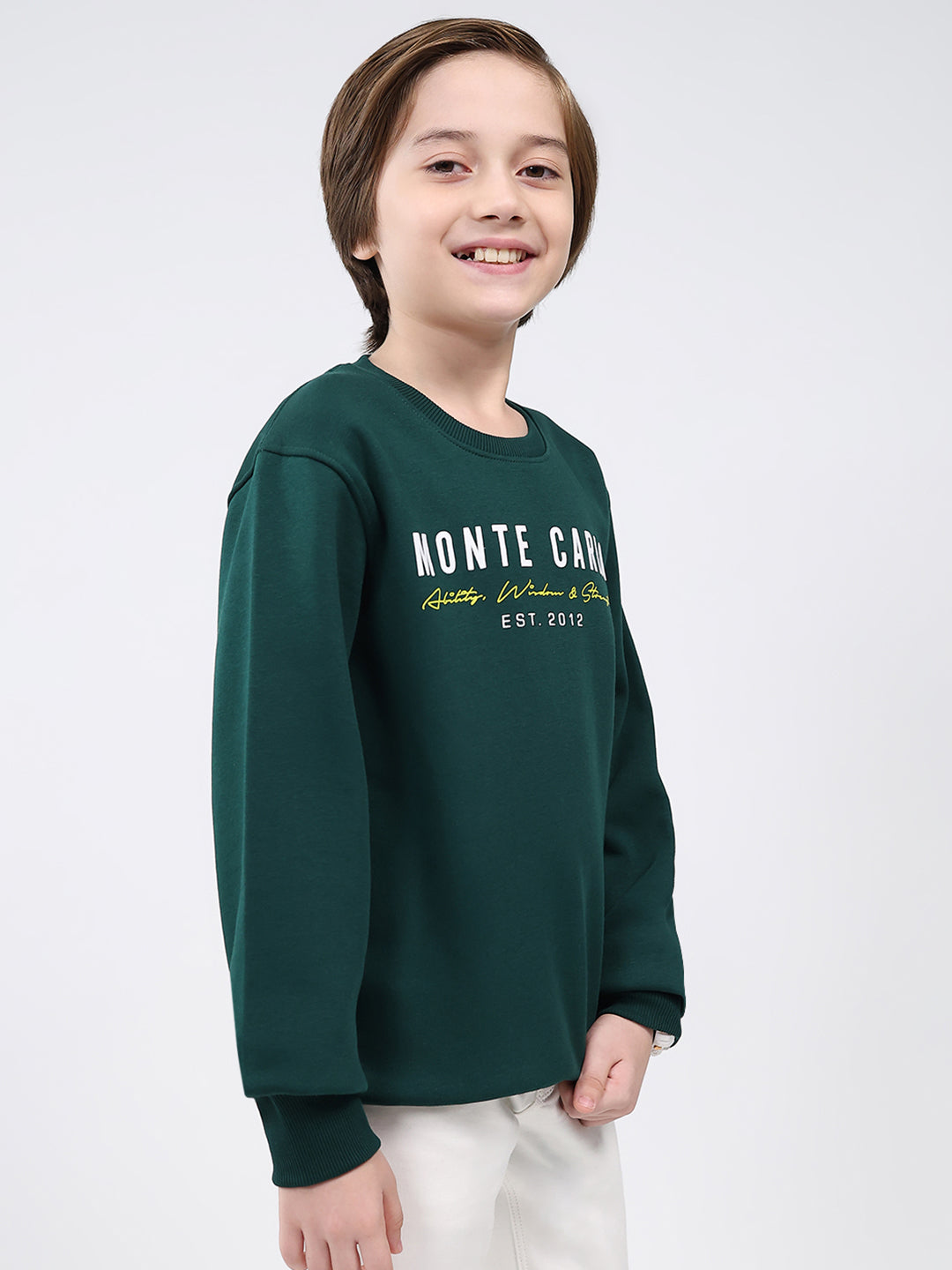 Boys Bottle Green Printed Round Neck Full Sleeve Sweatshirt