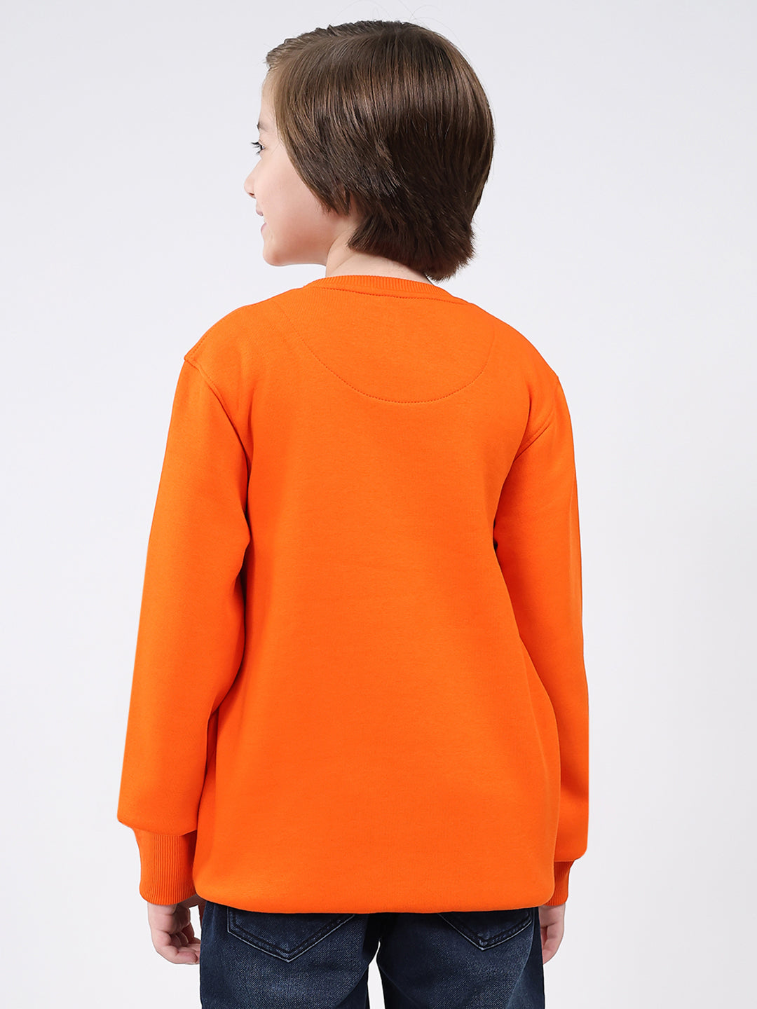 Boys Orange Printed Round Neck Full Sleeve Sweatshirt