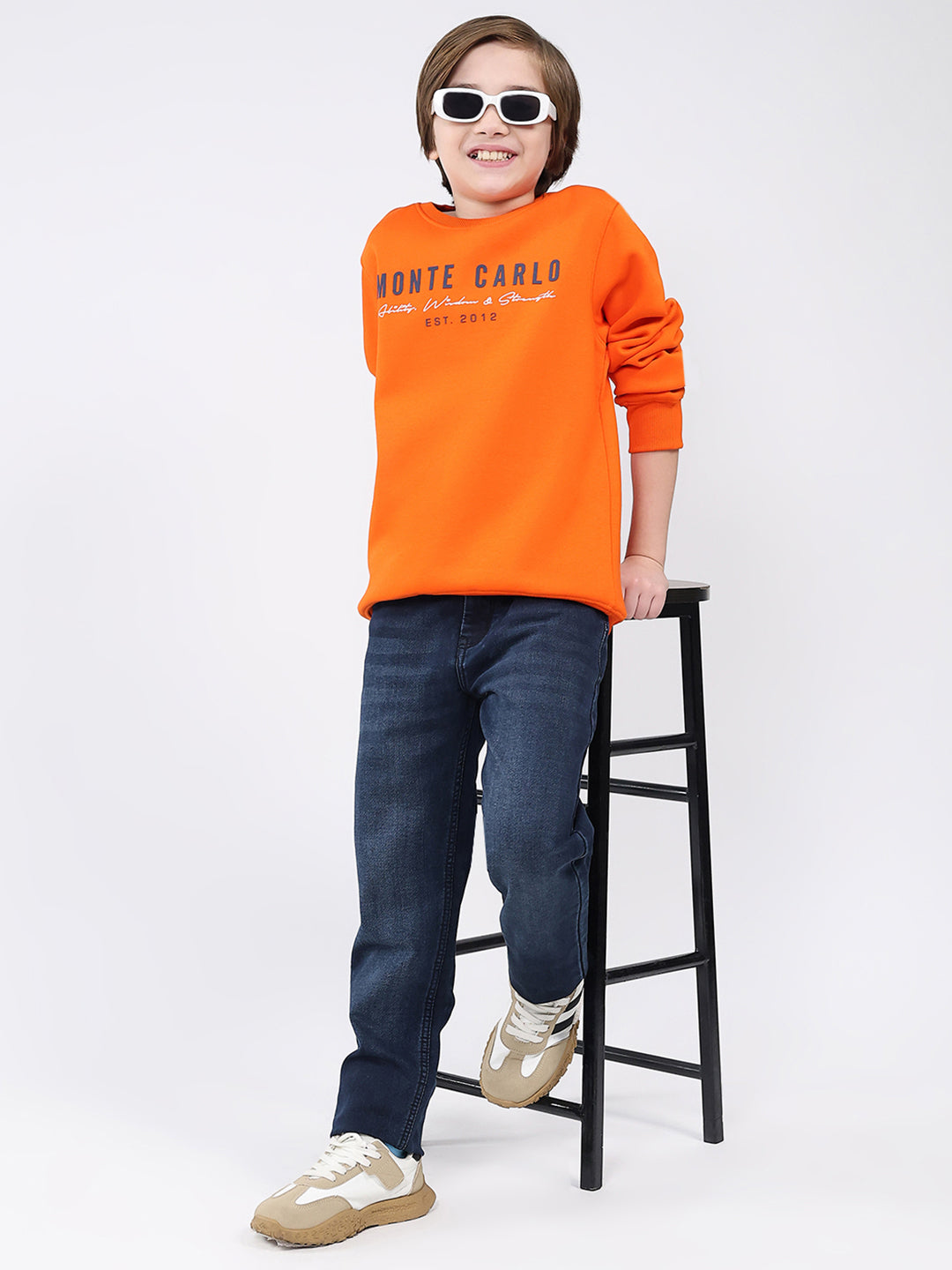 Boys Orange Printed Round Neck Full Sleeve Sweatshirt