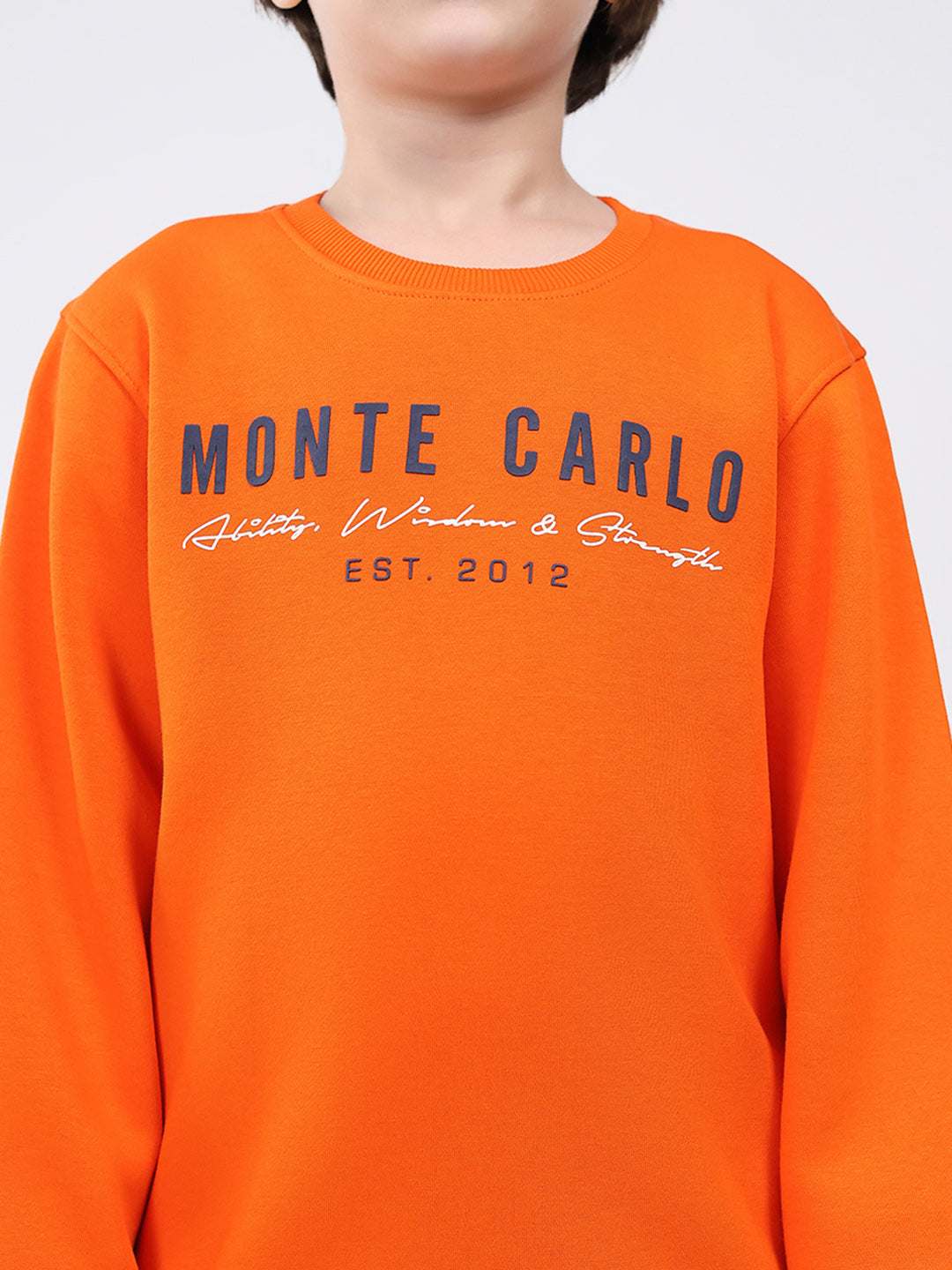 Boys Orange Printed Round Neck Full Sleeve Sweatshirt