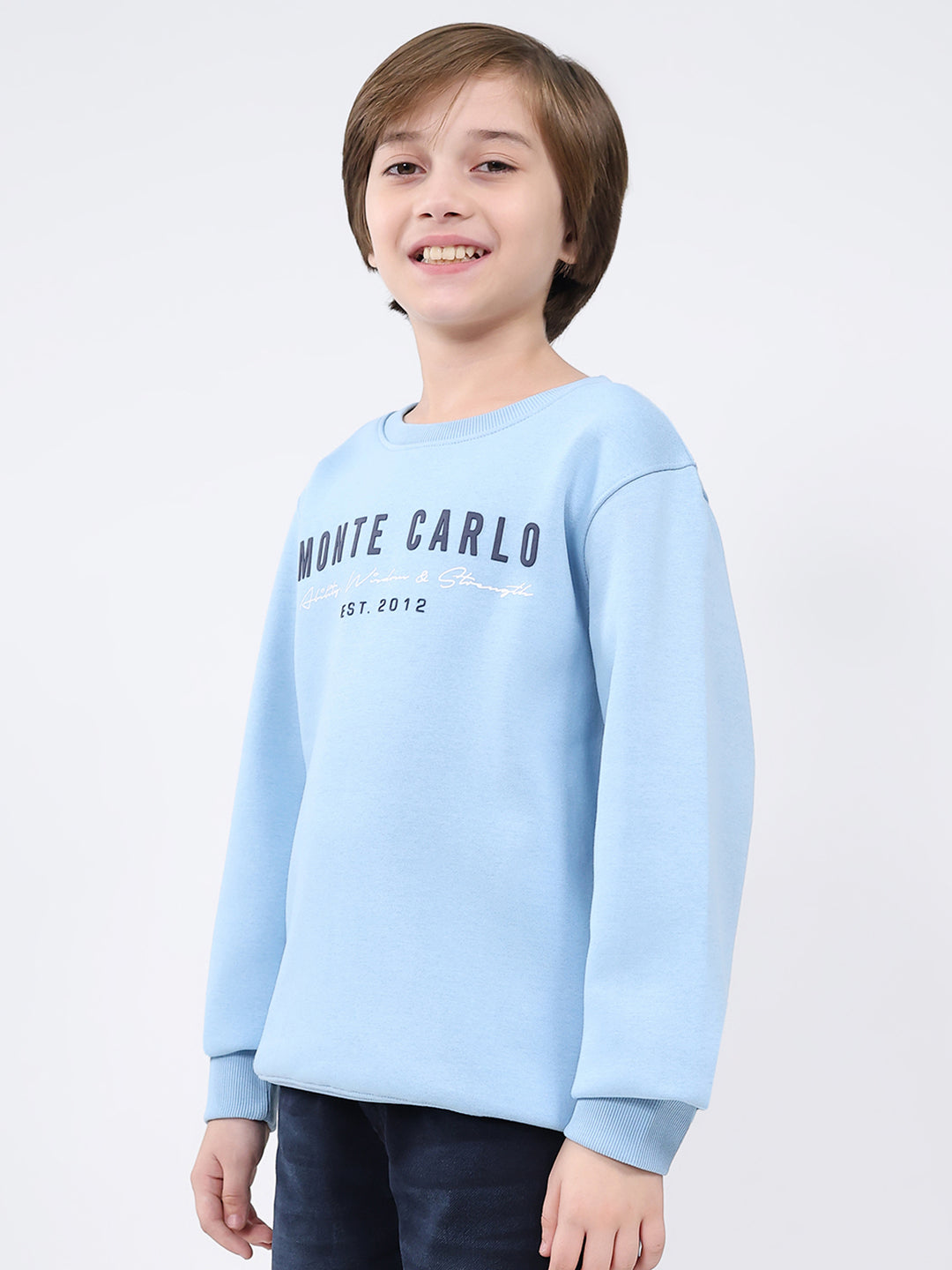 Boys Sky Blue Printed Round Neck Full Sleeve Sweatshirt