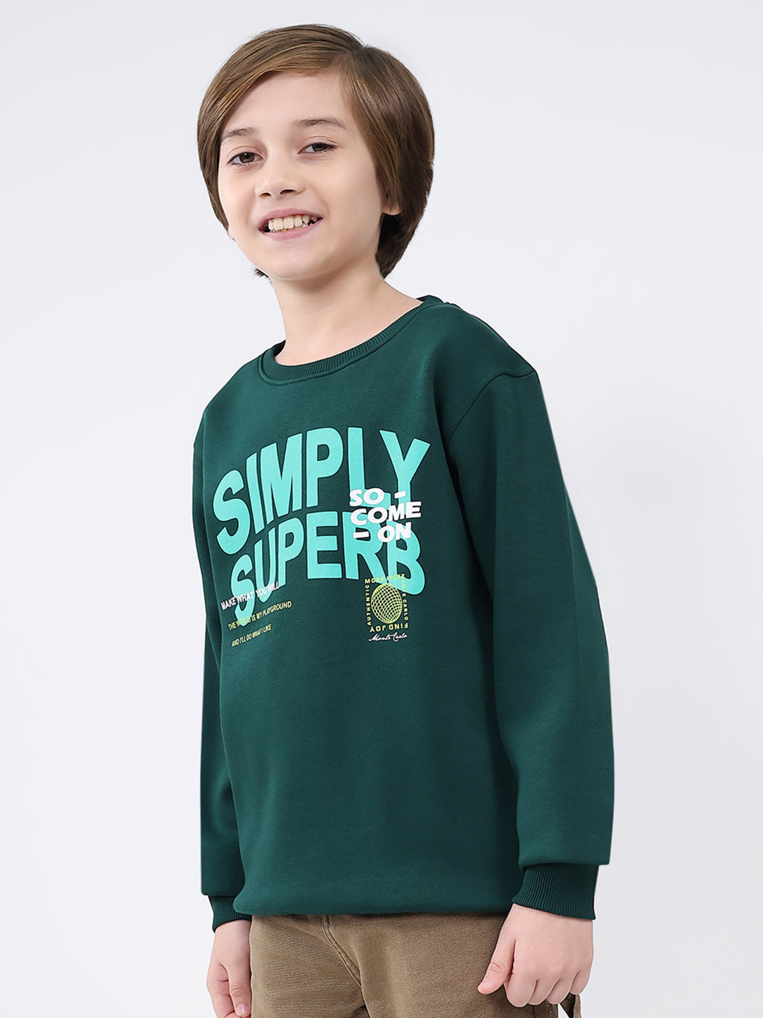 Boys Dark Green Printed Round Neck Full Sleeve Sweatshirt