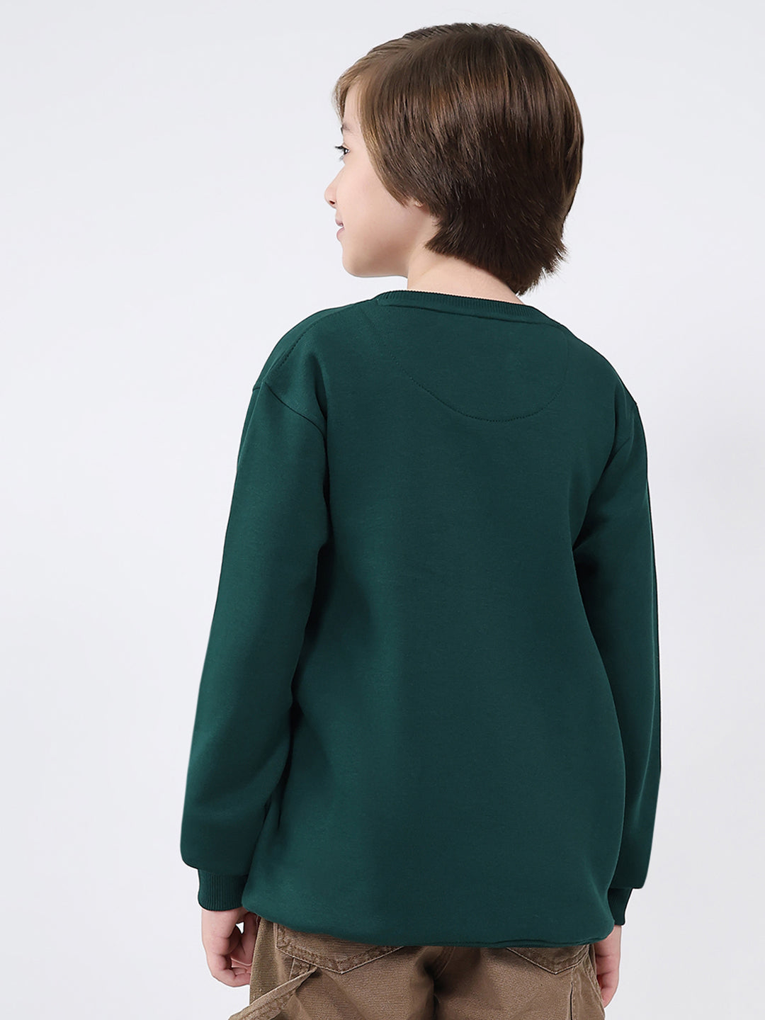 Boys Dark Green Printed Round Neck Full Sleeve Sweatshirt