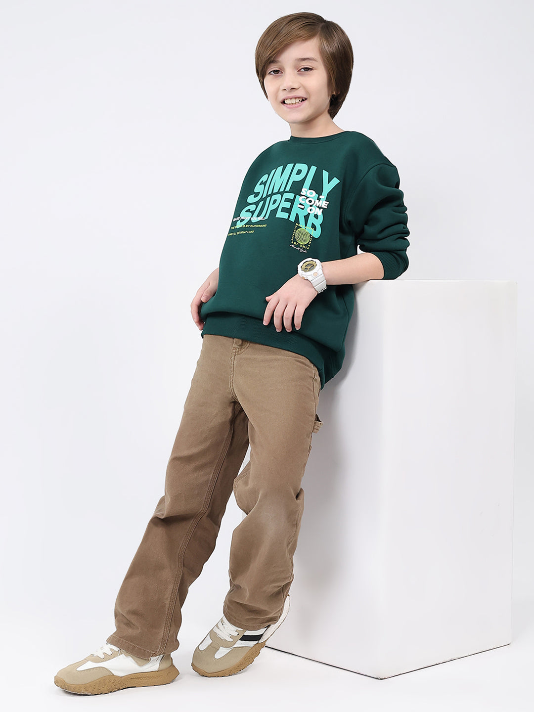 Boys Dark Green Printed Round Neck Full Sleeve Sweatshirt