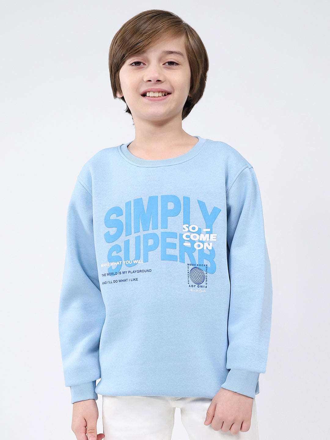 Boys Sky Blue Printed Round Neck Full Sleeve Sweatshirt