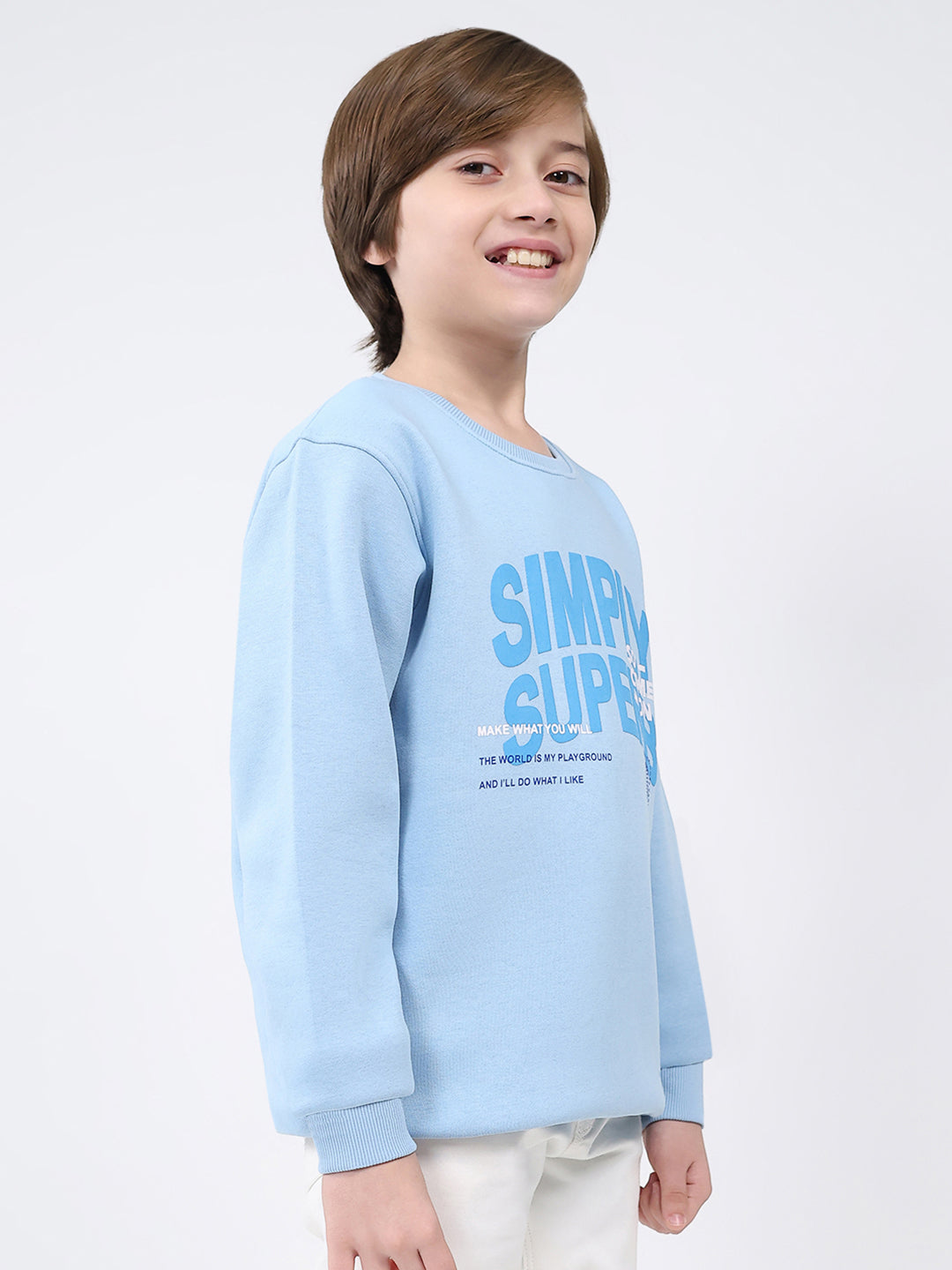 Boys Sky Blue Printed Round Neck Full Sleeve Sweatshirt