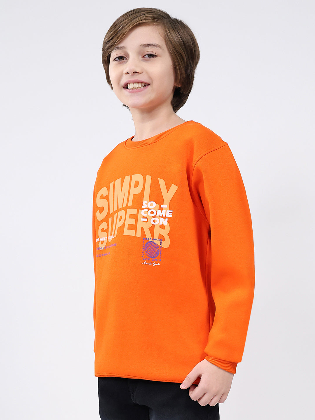 Boys Orange Printed Round Neck Full Sleeve Sweatshirt