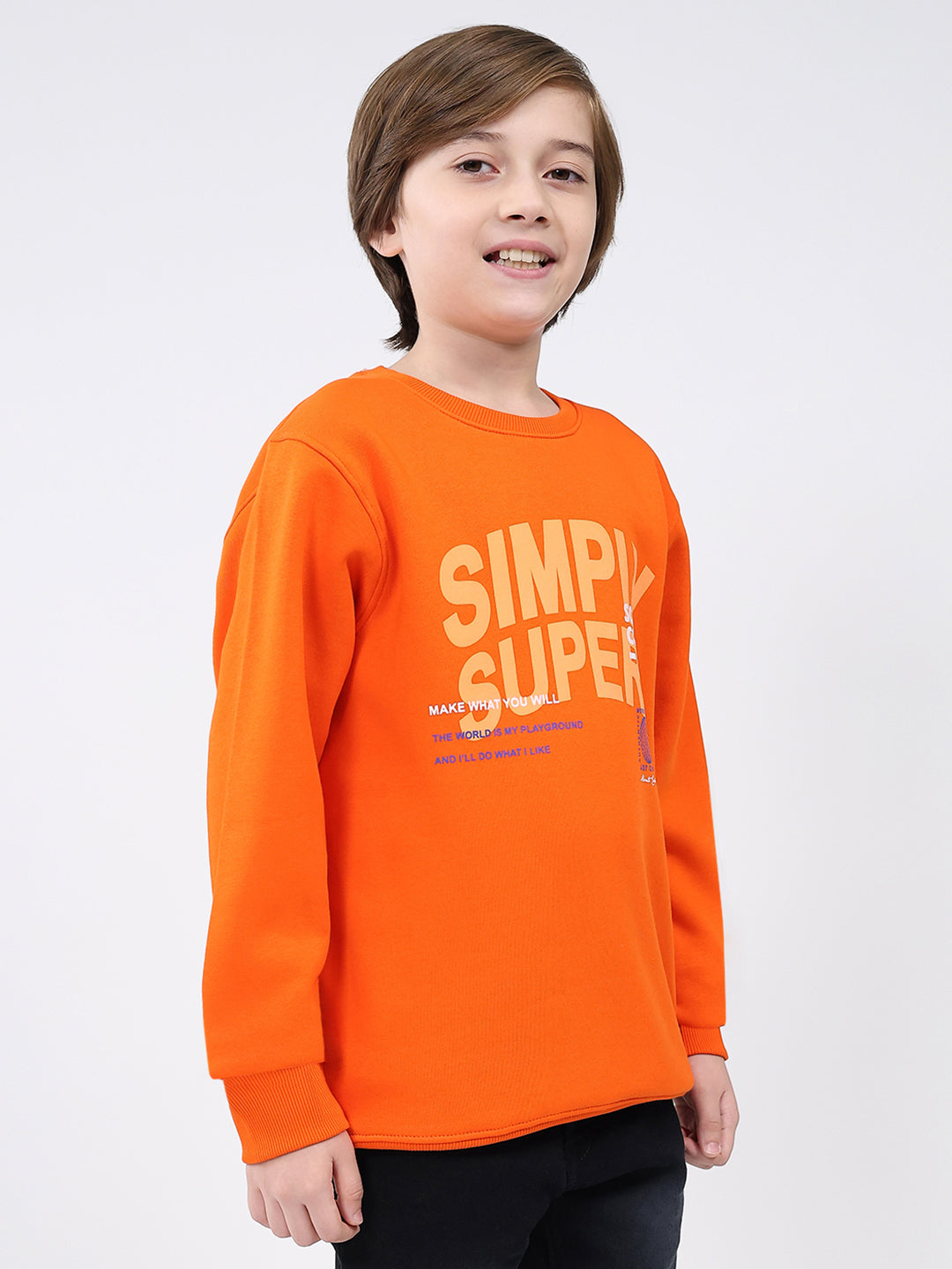 Boys Orange Printed Round Neck Full Sleeve Sweatshirt