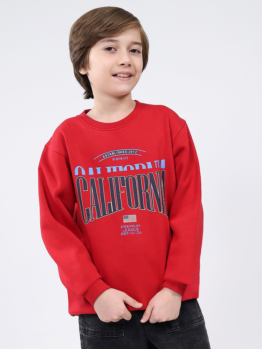 Boys Red Printed Round Neck Full Sleeve Sweatshirt