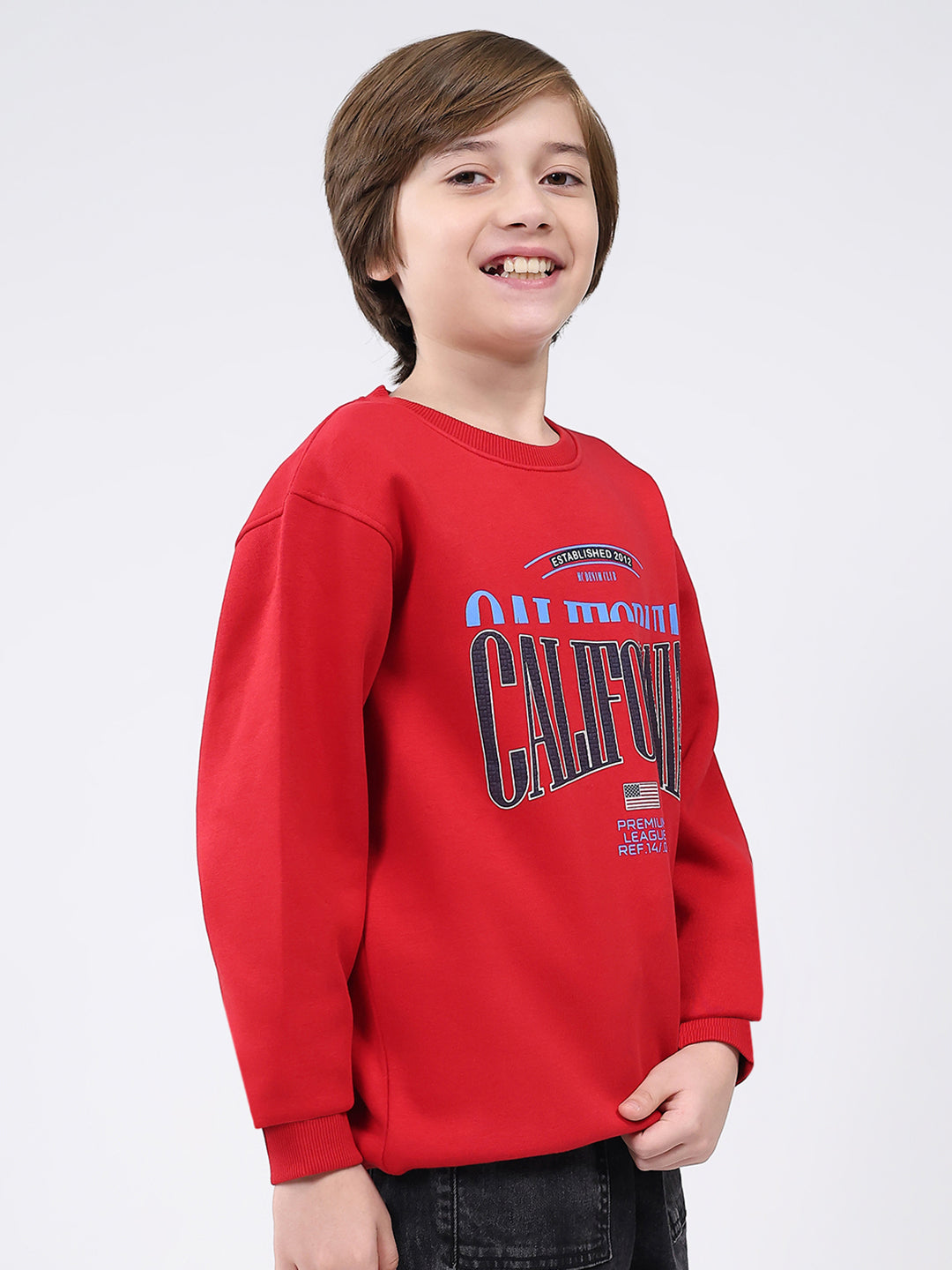 Boys Red Printed Round Neck Full Sleeve Sweatshirt