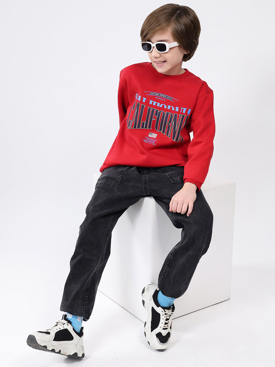 Boys Red Printed Round Neck Full Sleeve Sweatshirt