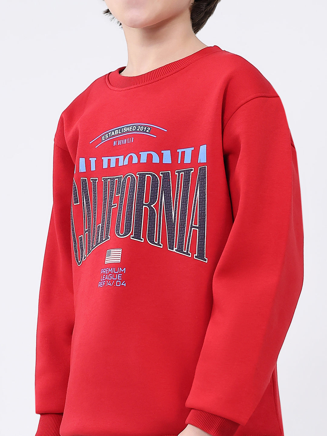 Boys Red Printed Round Neck Full Sleeve Sweatshirt